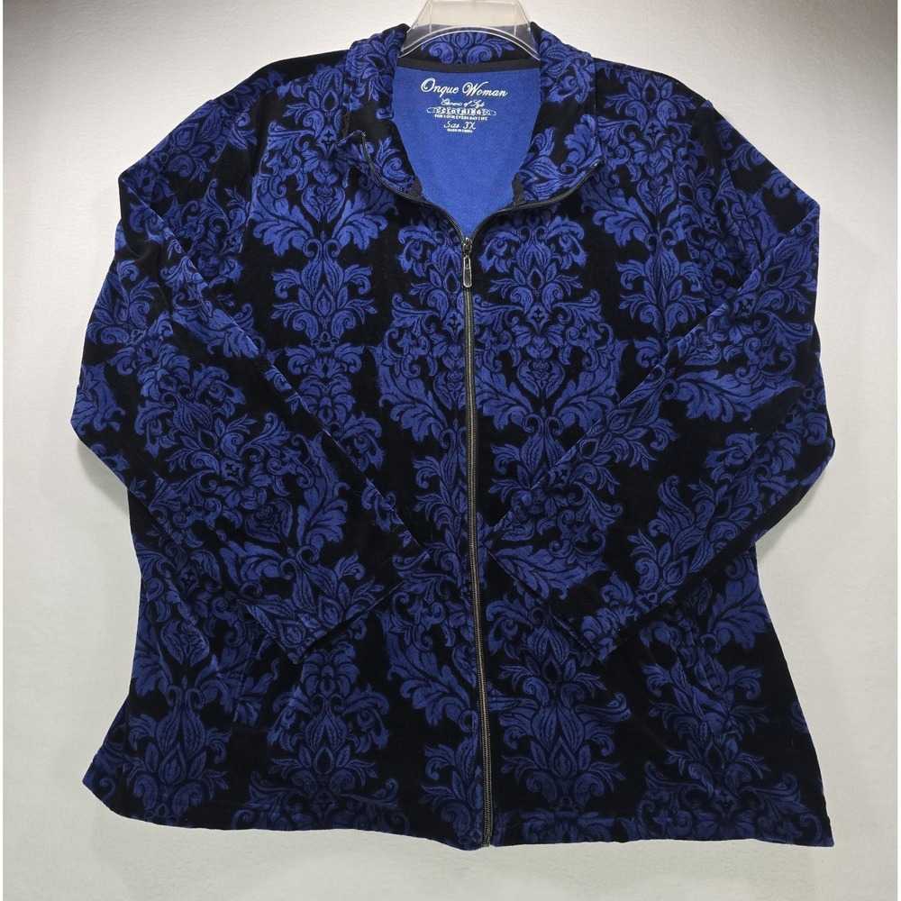 Onque Woman Blue Black Damask Velour Zip Up Jacket Plus Size 3X Pockets